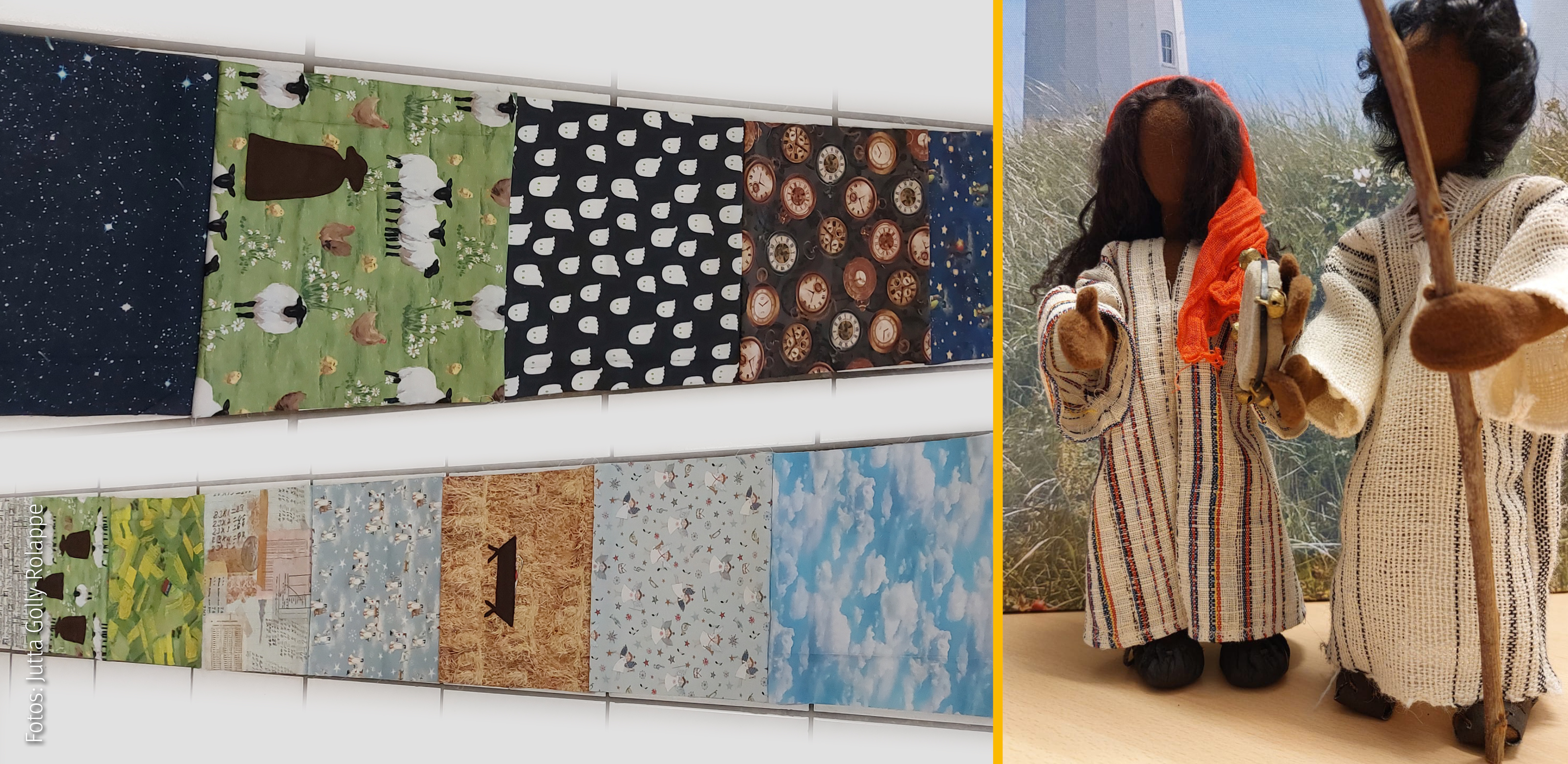 Links liegen zwei Stoffbahnen Storybags und rechts stehen zwei biblische Erzählfiguren aus Textilmaterialien.